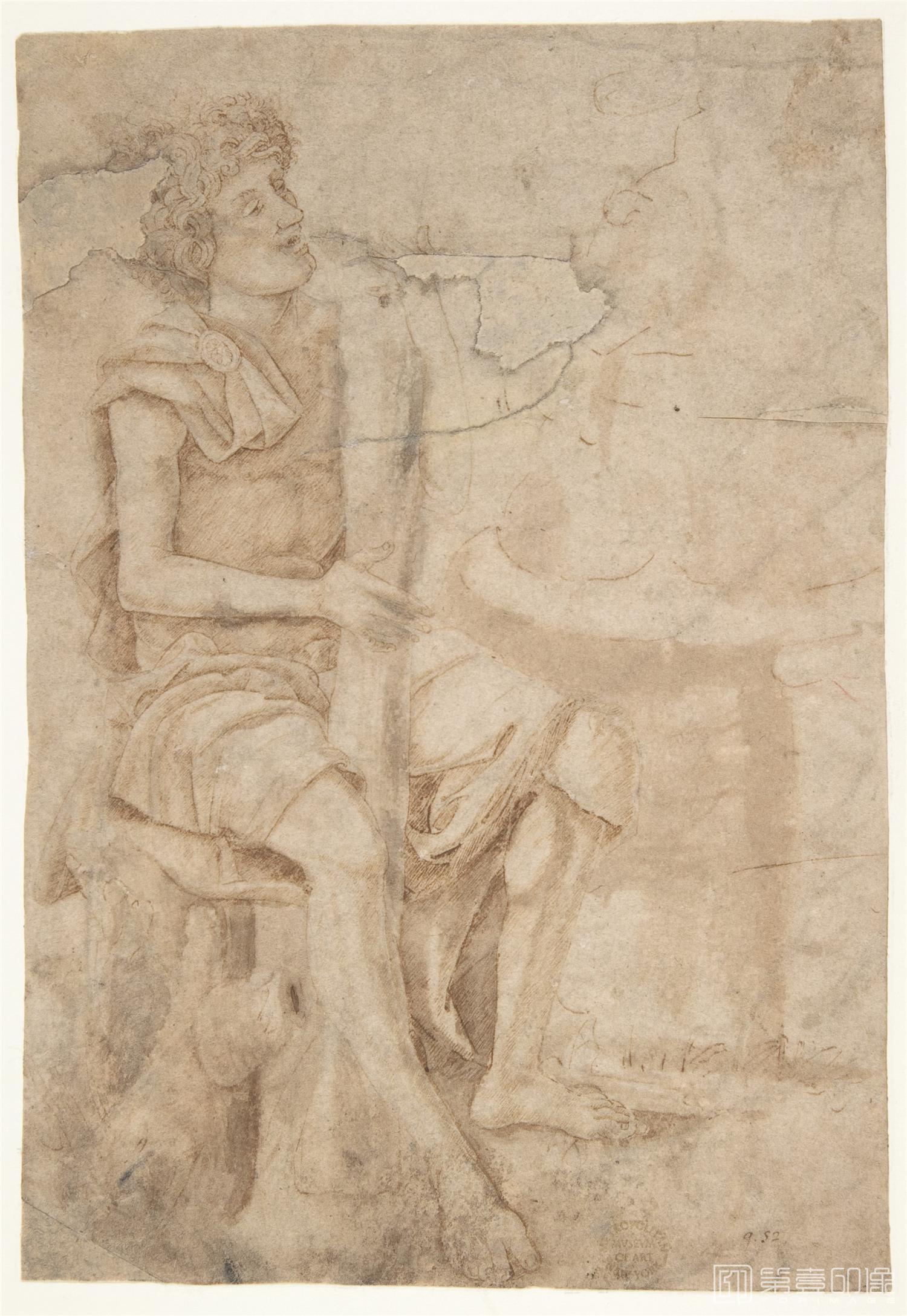 素描-美国纽约大都会美术馆素描藏画-Circle of Andrea MantegnaSeated Man Holding a Club or Other Implement-0463